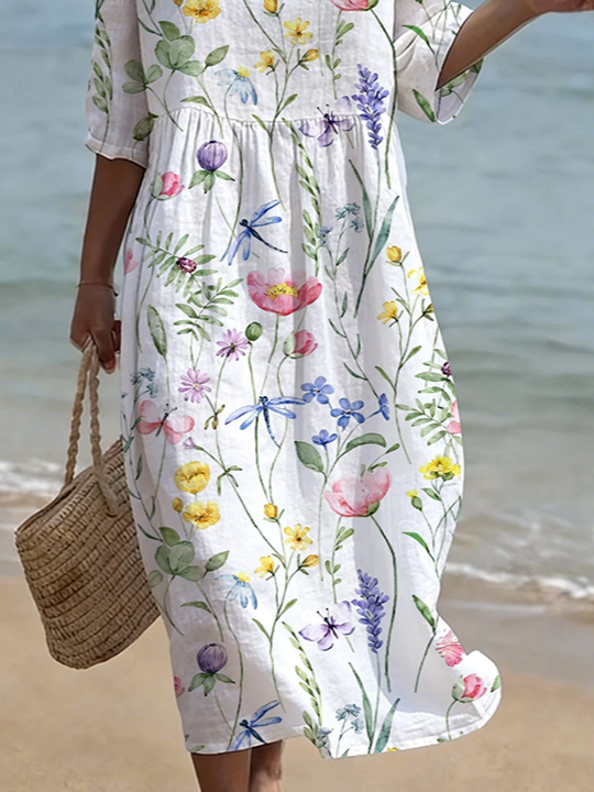 Women's Half Sleeve Summer White Floral Printing Crew Neck Daily Going Out Casual Maxi H-Line Dress