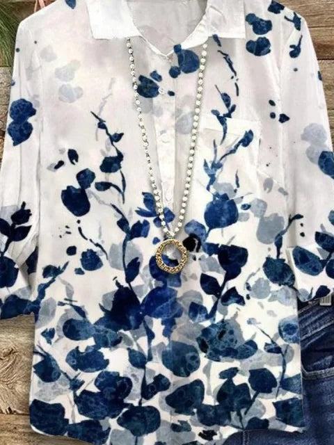 Vintage Collared Floral Print Long Sleeve Shirt