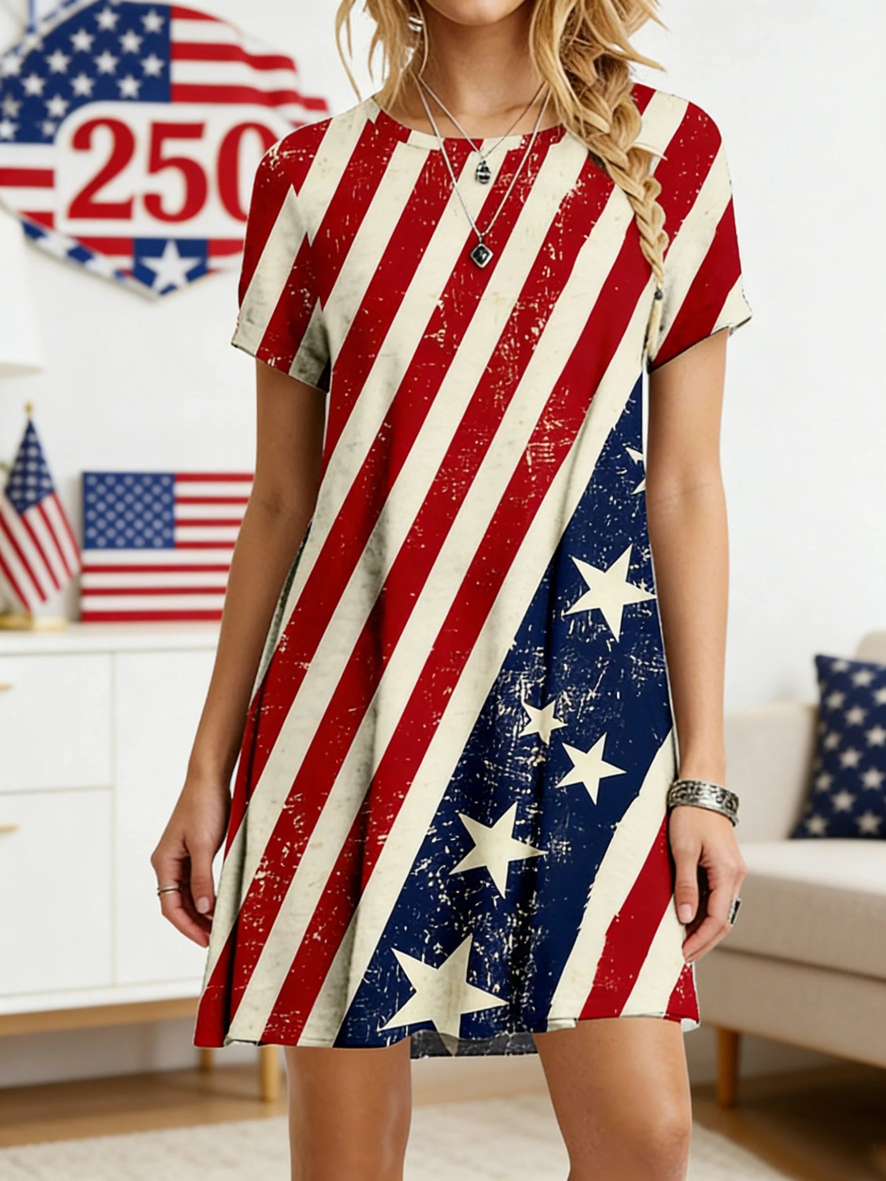 Women's 250th Anniversary Of The Founding Of the United States Independence Day Vintage Short Sleeve Crew Neck A-Line 3D Printing Daily Going Out Casual Mini Dress