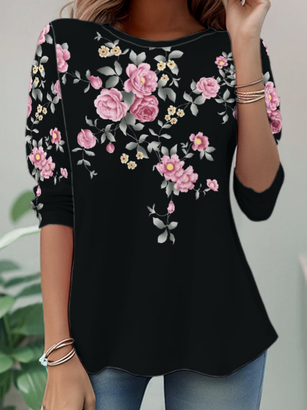 Women's Long Sleeve T-shirt Spring/Fall Black Floral Jersey Crew Neck Daily Going Out Casual Top