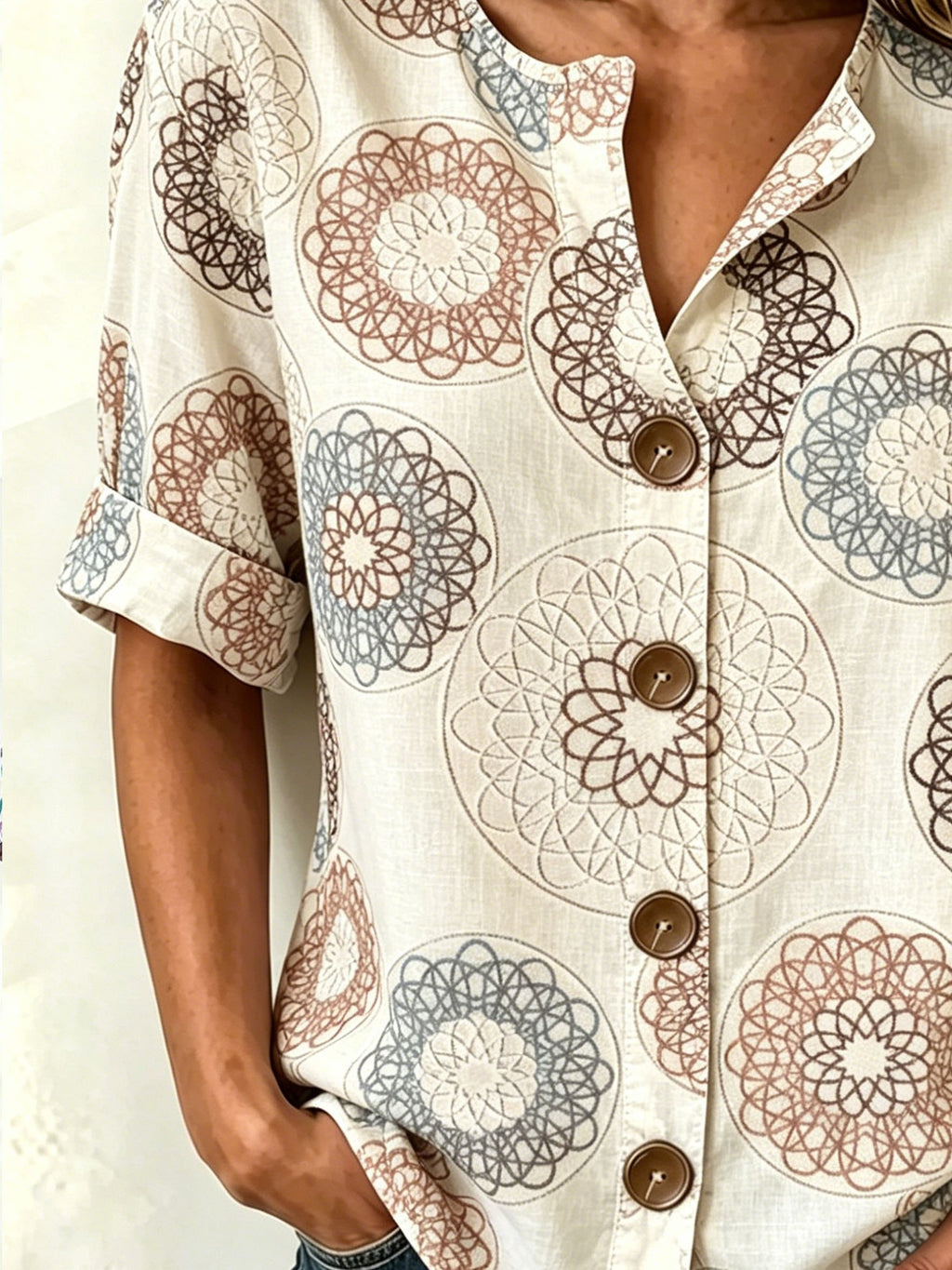 Vintage Abstract Floral Stand Collar Botton Spring Summer Linen Blend Casual Shirt