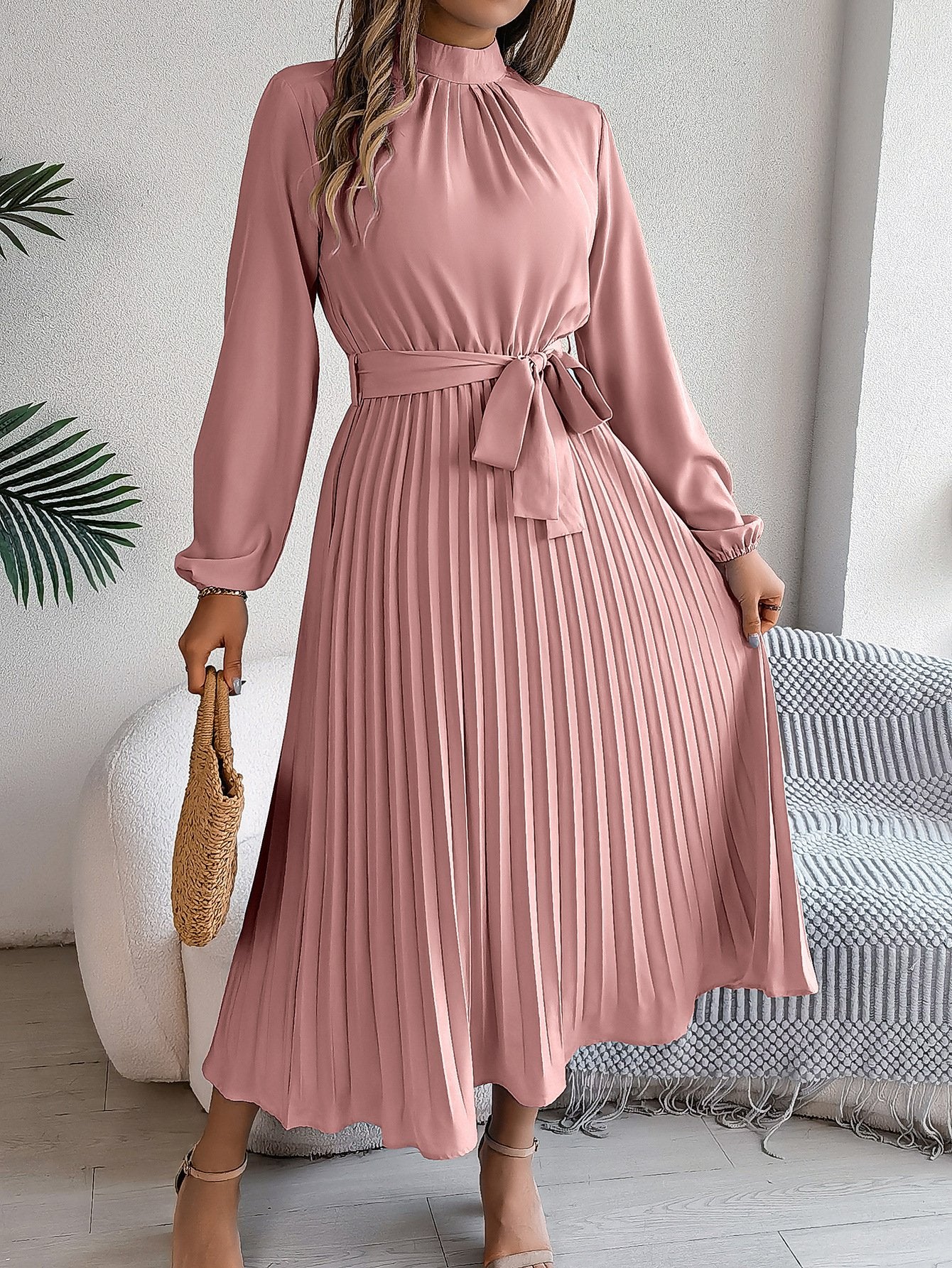 Women's Short Sleeve Summer Wine Red Plain Split Joint Stand Collar Daily Going Out Vintage Maxi A-Line Tank Dress