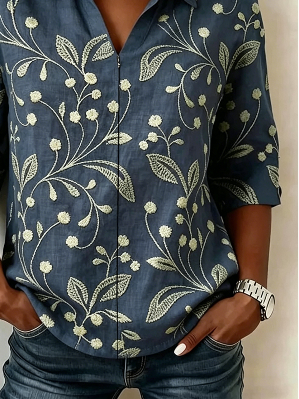 Loose Floral Shawl Collar Elegant Shirt