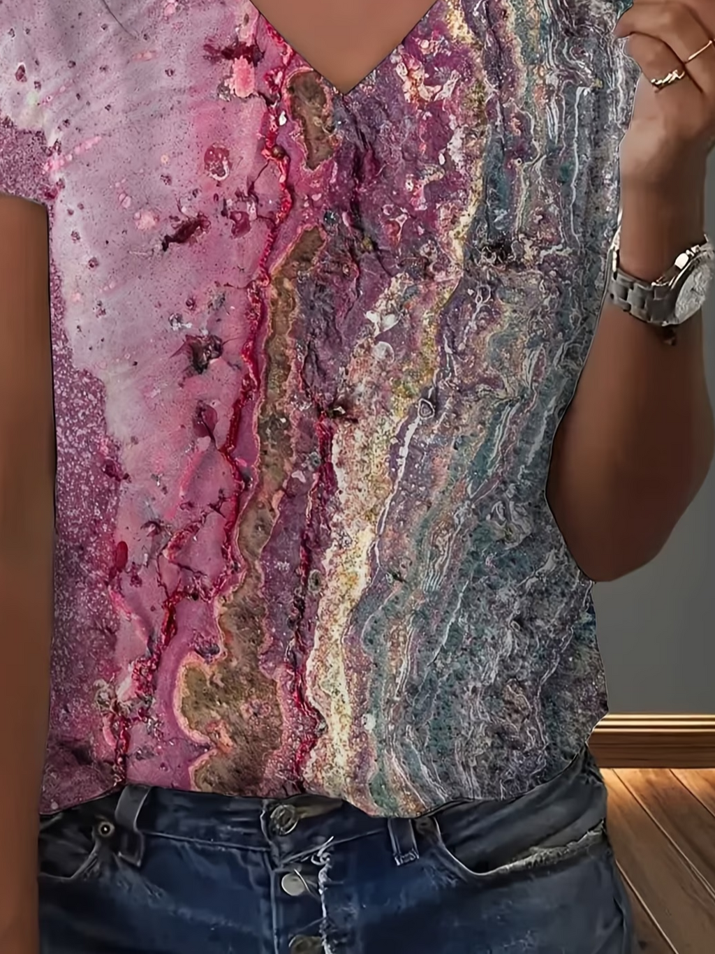 Women's Short Sleeve T-shirt Summer Purple Abstract Printing V Neck Holiday Going Out Vintage Top