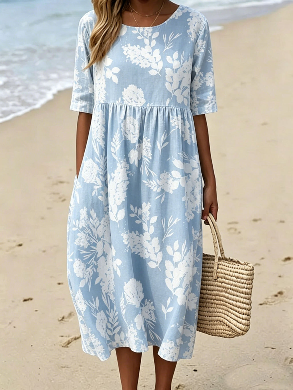 Blue Floral Crew Neck Short Sleeve Summer Daily Going Out Casual Maxi Dress