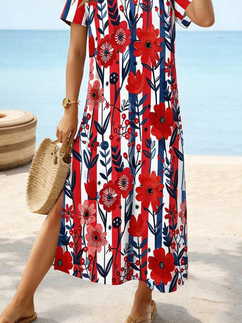 3D Printing Floral Pattern Short Sleeve V Nek 250th Anniversary Vacation Summer Casual Shirt Dress