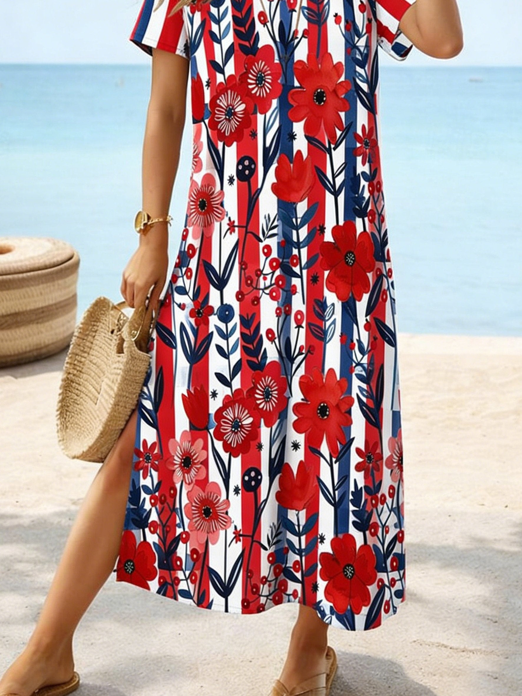 3D Printing Floral Pattern Short Sleeve V Nek 250th Anniversary Vacation Summer Casual Shirt Dress