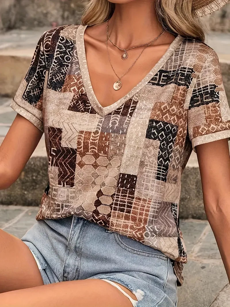 Women's Geometric Print Casual V-Neck Short Sleeve T-Shirt