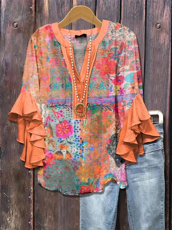Women's Half Sleeve Shirt Summer Orange Floral Printing V Neck Daily Going Out Casual Top