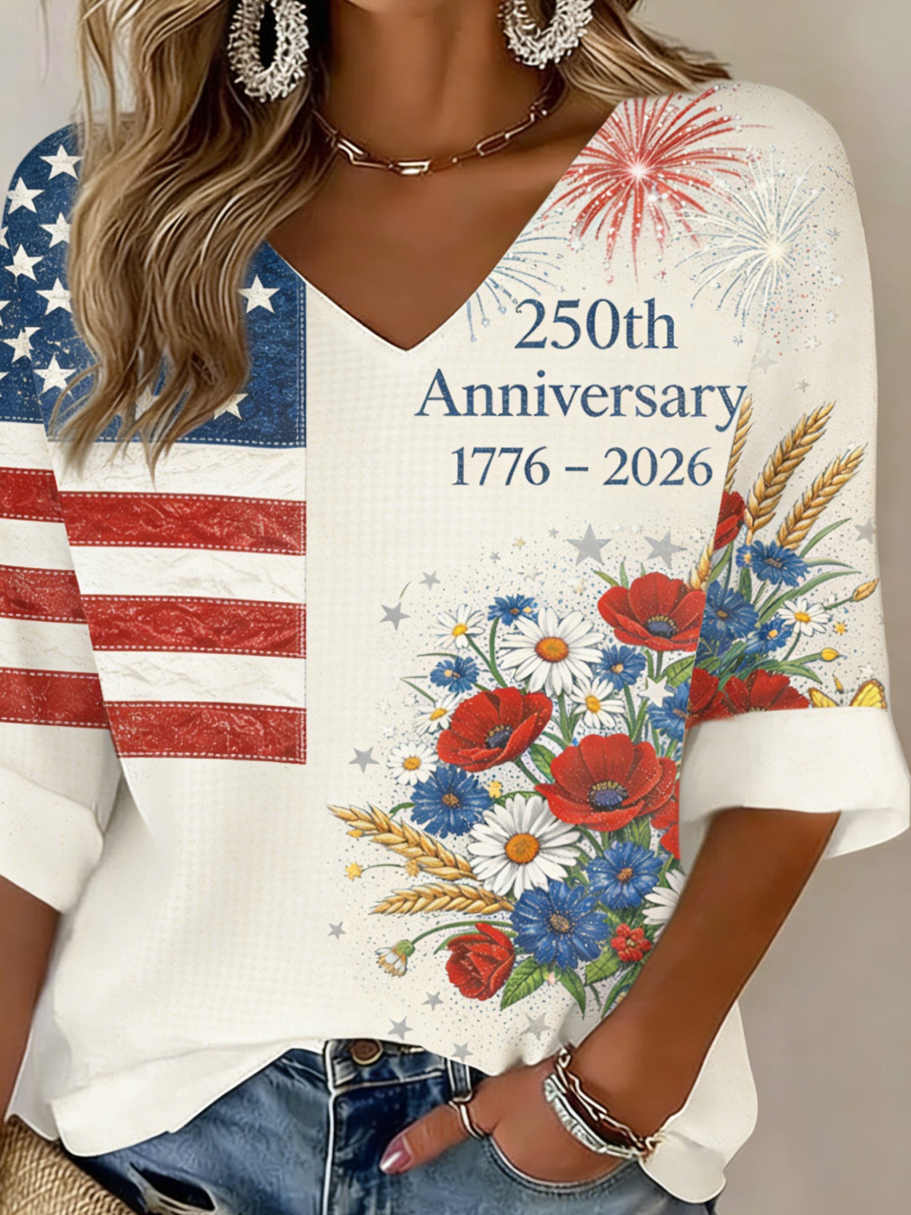 3D Printing V Neck America Flag Floral 250th Anniversary Spring Summer Casual T-Shirt