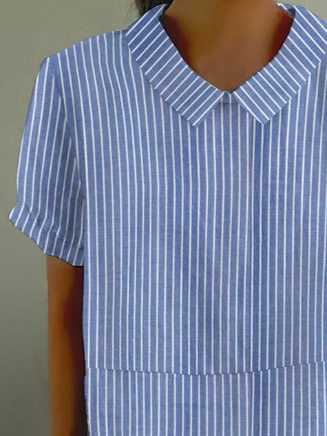 Women's Spring Stripe Print Lapel Short Sleeve Shirt