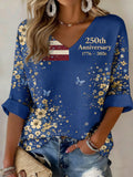 3D Printing V Neck America Flag Floral 250th Anniversary Spring Summer Casual T-Shirt
