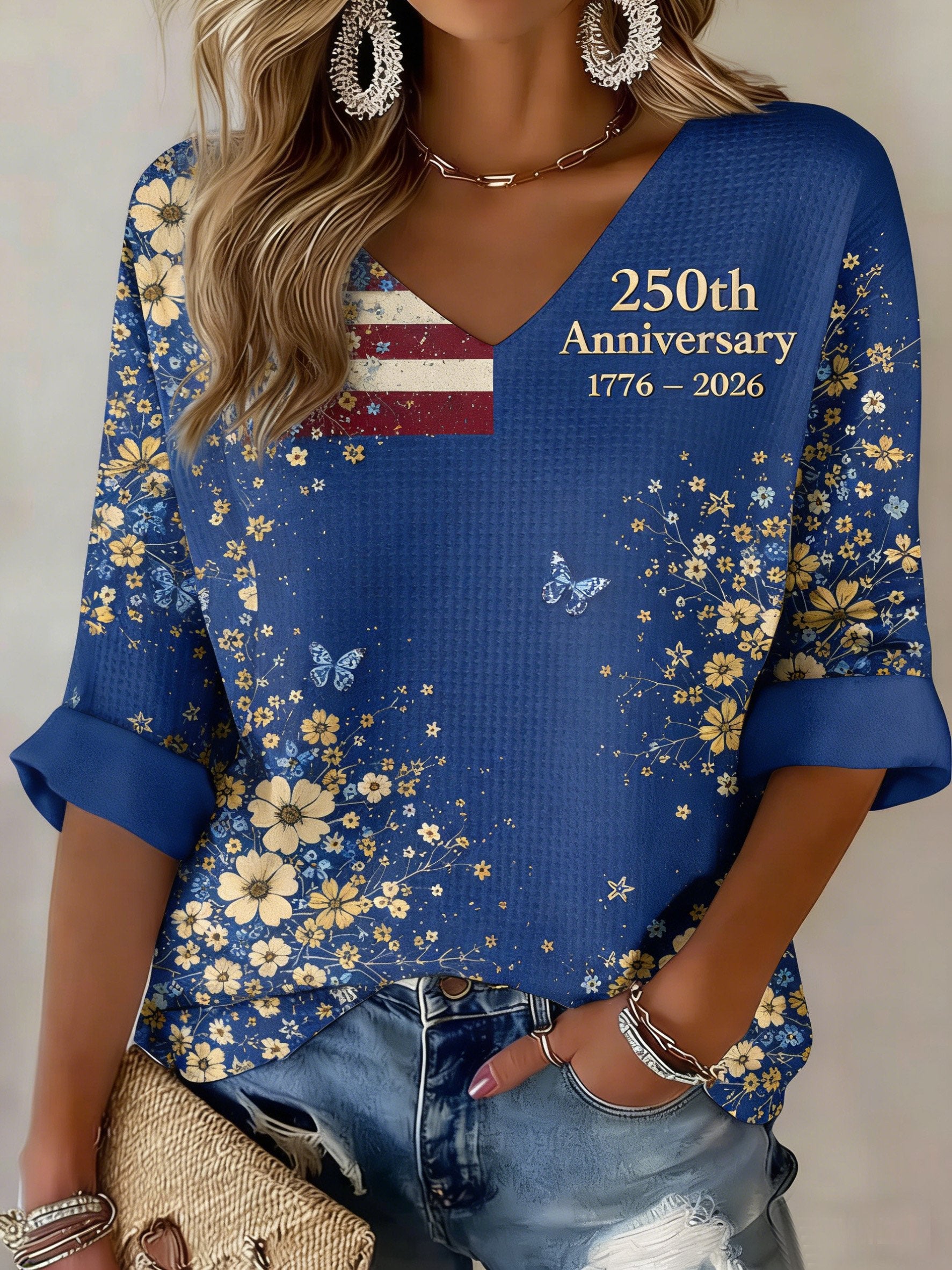 3D Printing V Neck America Flag Floral 250th Anniversary Spring Summer Casual T-Shirt
