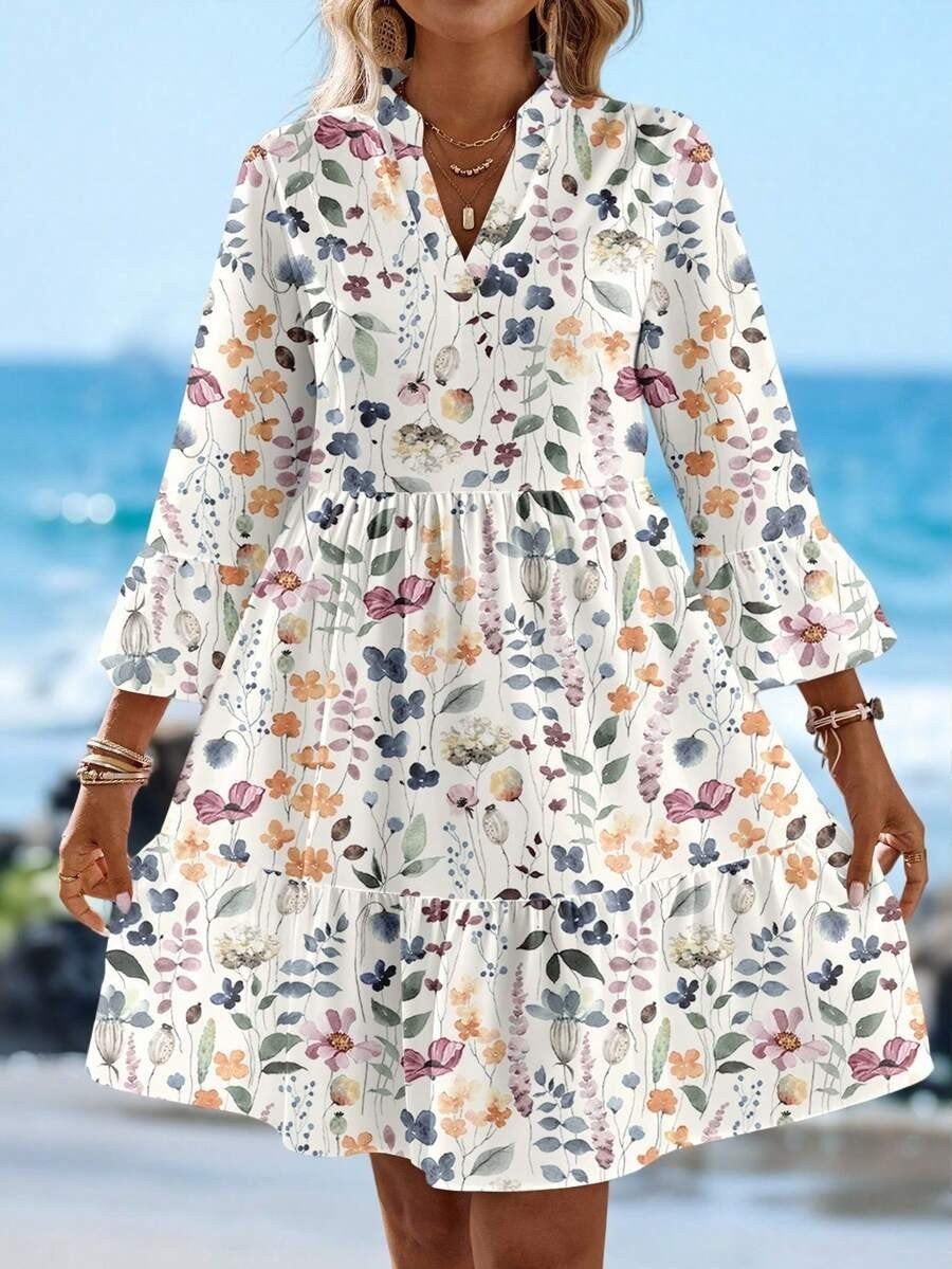 Elegant Loose Cotton-Blend Floral Dress With No
