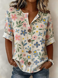 Women's Long Sleeve Shirt Spring/Fall As Picture Floral Buckle Stand Collar Daily Going Out Casual Top