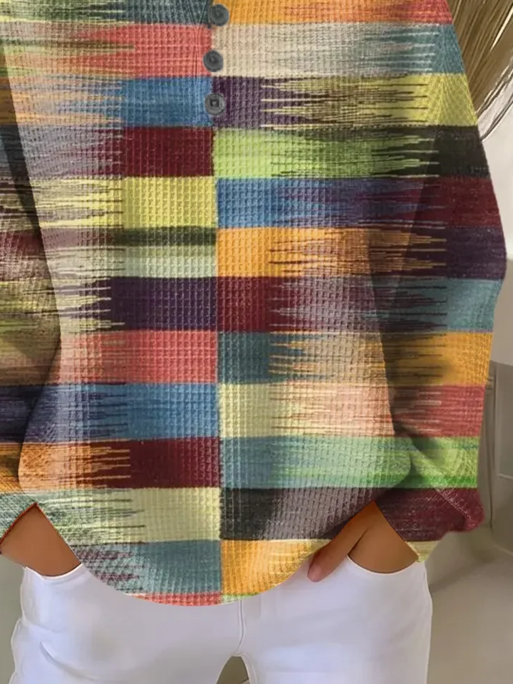 Women's Abstract Print Button-Up Casual Waffle Knit Sweatshirt