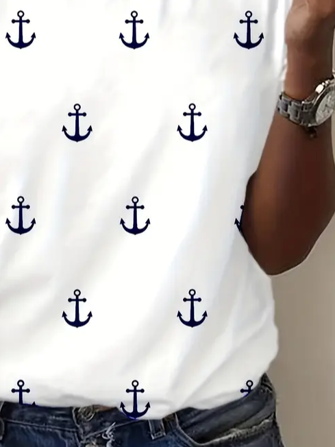 Women's Anchor Print Casual Round Neck Short Sleeve T-Shirt
