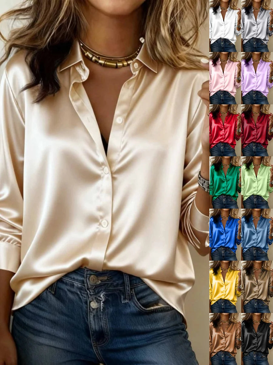 Women's Long Sleeve Shirt Spring/Fall Champagne Plain Split Joint Stand Collar Daily Going Out Casual Top