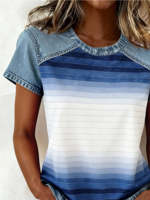 Women's Short Sleeve T-shirt Summer Blue Striped Printing Crew Neck Daily Going Out Vintage Top