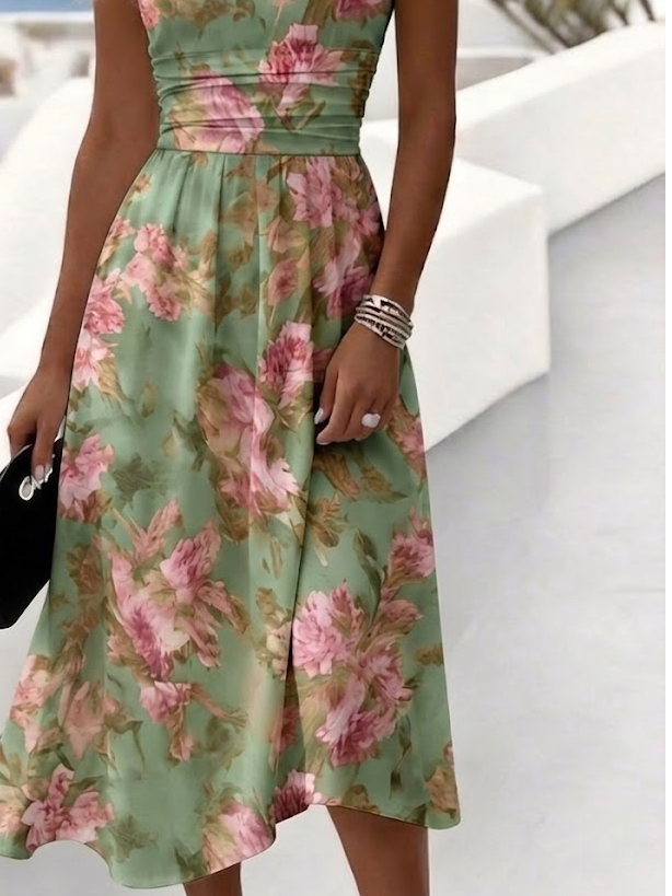 Women's Green Floral Print Sleeveless Midi Dress High Waist A-Line Casual Dress