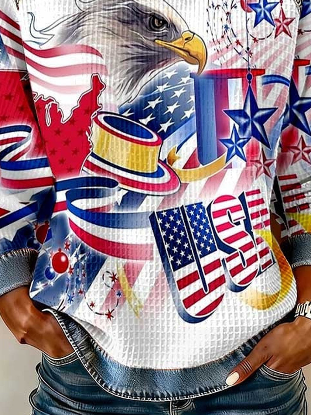 Street Denim Color Block Letter Pattern Round Neck Long Sleeve Independence Day Going Out Casual Sweatshirt