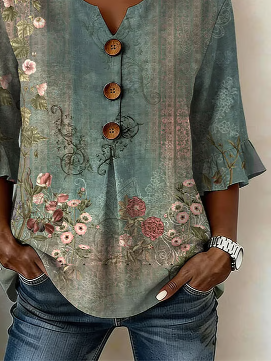 Women's Half Sleeve Blouse Summer Green Floral Printing V Neck Daily Going Out Vintage Top