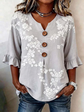 Women's Half Sleeve Blouse Summer Light Gray Floral Printing V Neck Daily Going Out Vintage Top
