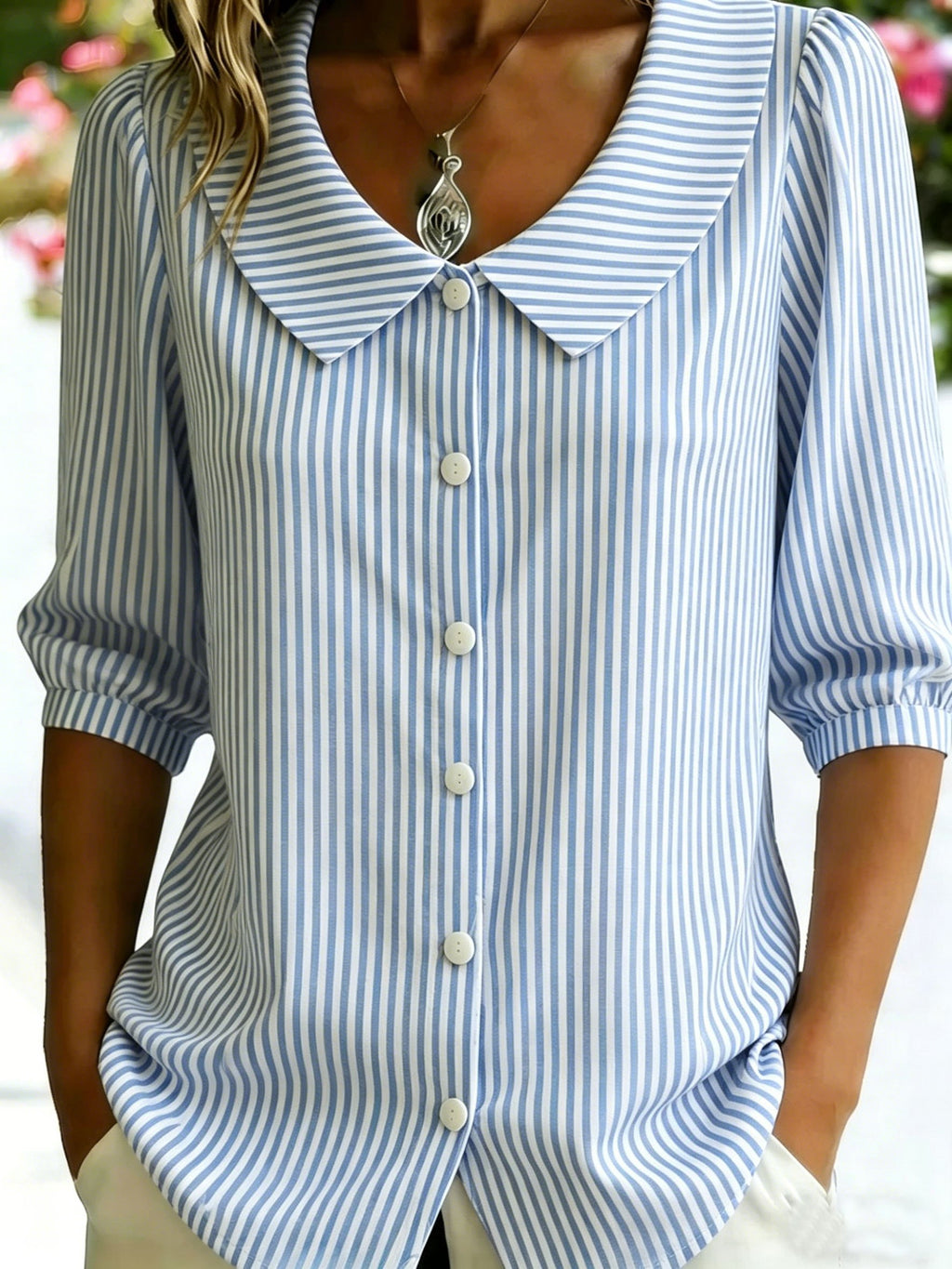 3D Printing Linen Blend Blue Stripe Shawl Collar Button Loose Casual Shirt