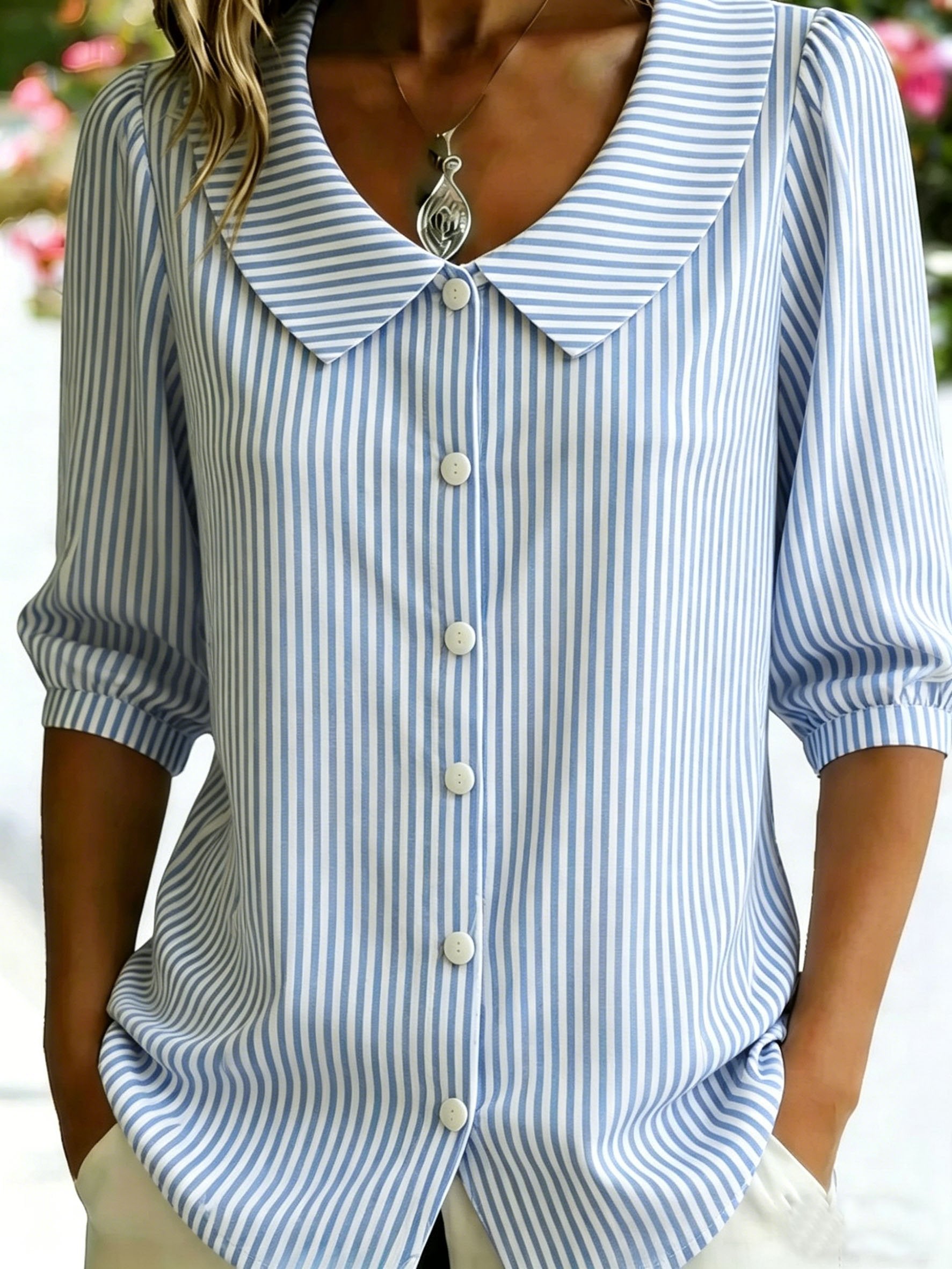 3D Printing Linen Blend Blue Stripe Shawl Collar Button Loose Casual Shirt