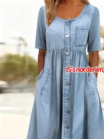 Vintage Crew Neck Loose Faux Denim Print Graphic Dress With No