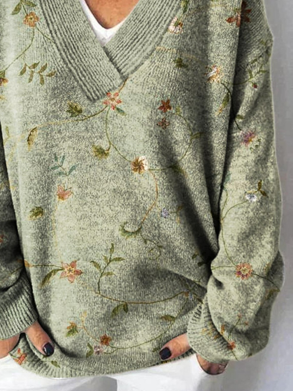 V Neck Casual Floral Sweater