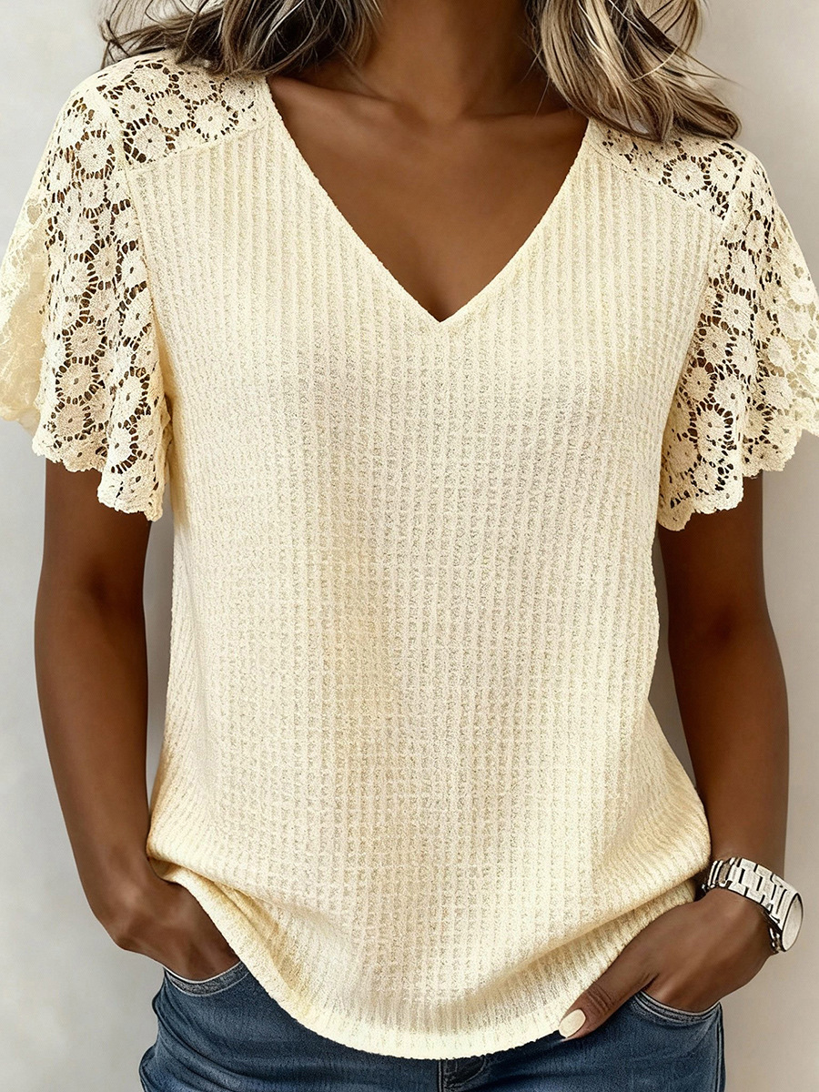 Lace Patchwork Loose Short Sleeve V Neck Summer Going Out Casual T-Shirt