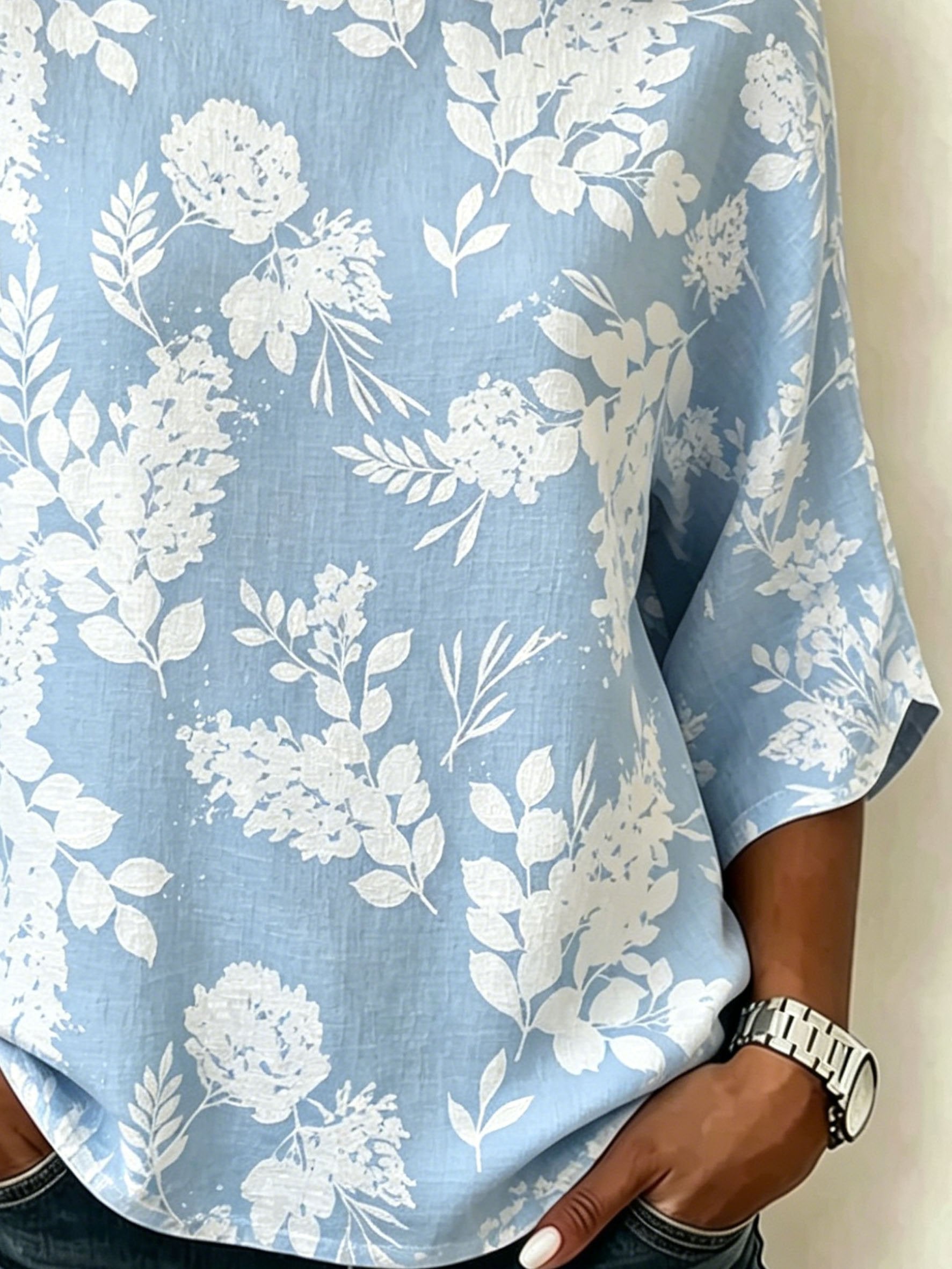 Cotton And Linen Blue Floral Vintage Loose Casual Top