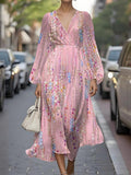 Regular Fit Puff Sleeve V Neck Striped Street Dress