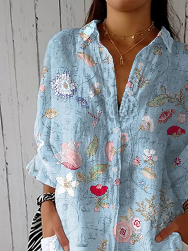 Vintage Hand Painted Casual Linen V Neck Shirt