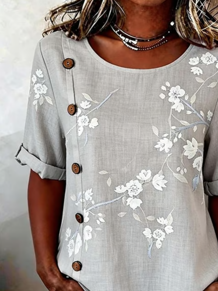 Floral Linen Blend Elegant Crew Neck Shirt