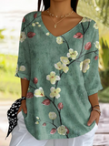 Women's Three Quarter Sleeve T-shirt Spring/Fall Vintage Floral Print V Neck Daily Going Out Casual Top