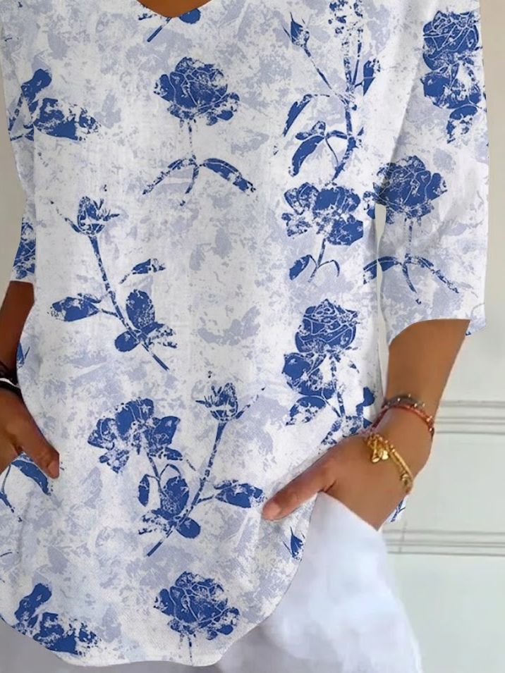 Women's Three Quarter Sleeve T-shirt Spring/Fall Blue Floral Printing V Neck Daily Going Out Casual Top