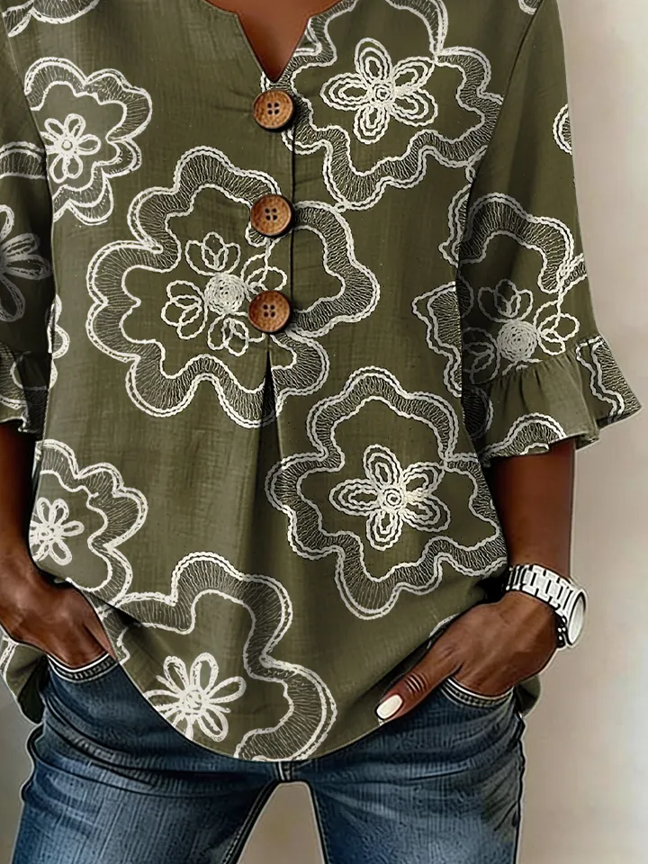Women's Half Sleeve Blouse Summer Army Green Floral Printing V Neck Daily Going Out Vintage Top