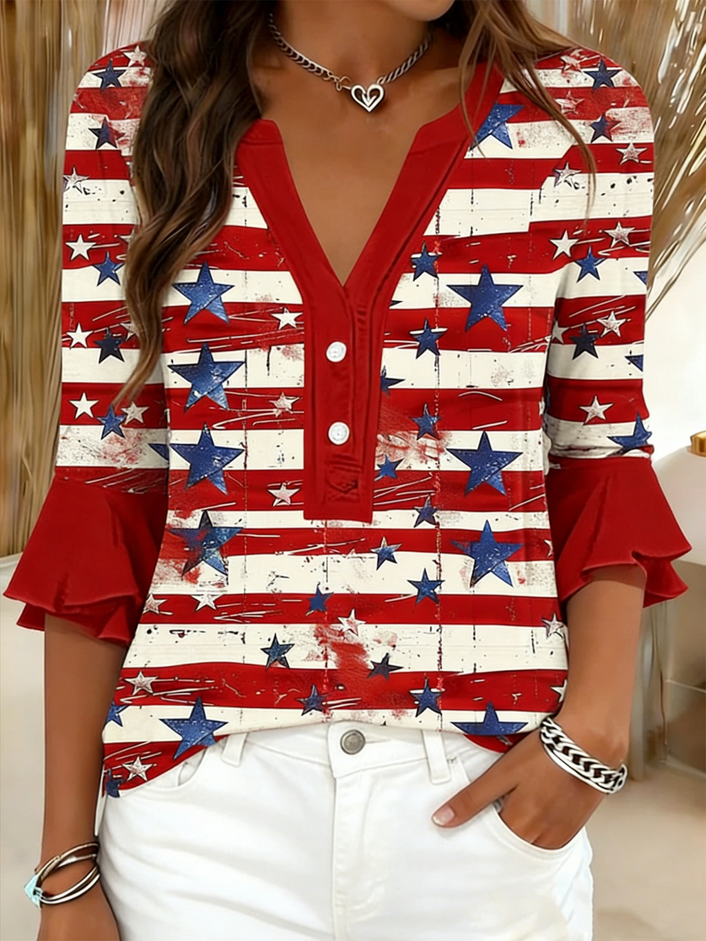 Women's V-Neck Multi-Layered Lace Design Shirt