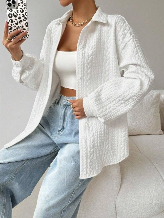 Women's Long Sleeve Shirt Spring/Fall White Plain Split Joint Shirt Collar Daily Going Out Casual Top