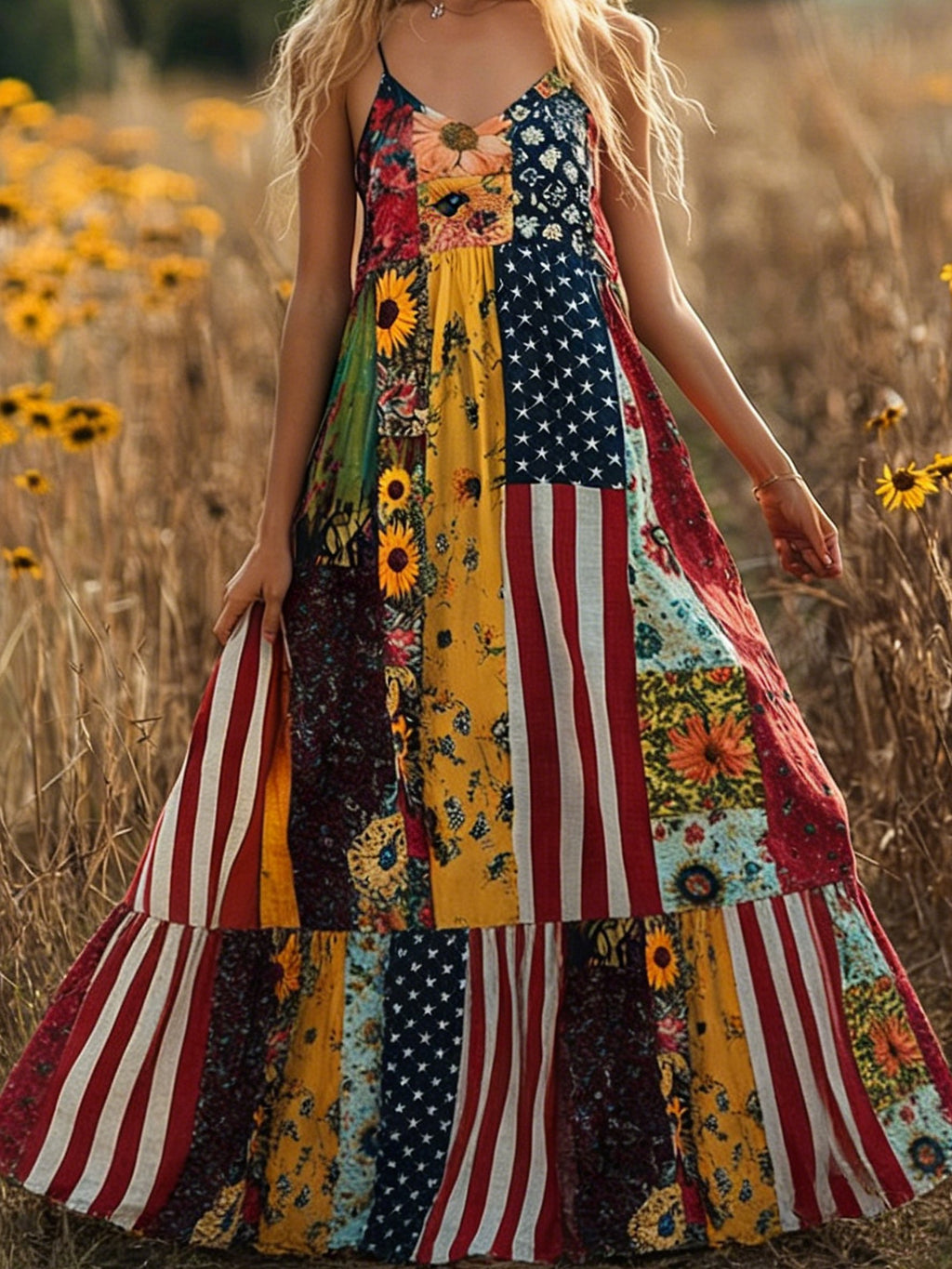 Women Floral Summer Dress America Flag Linen Look V Neck Sleeveless A-Line Dress