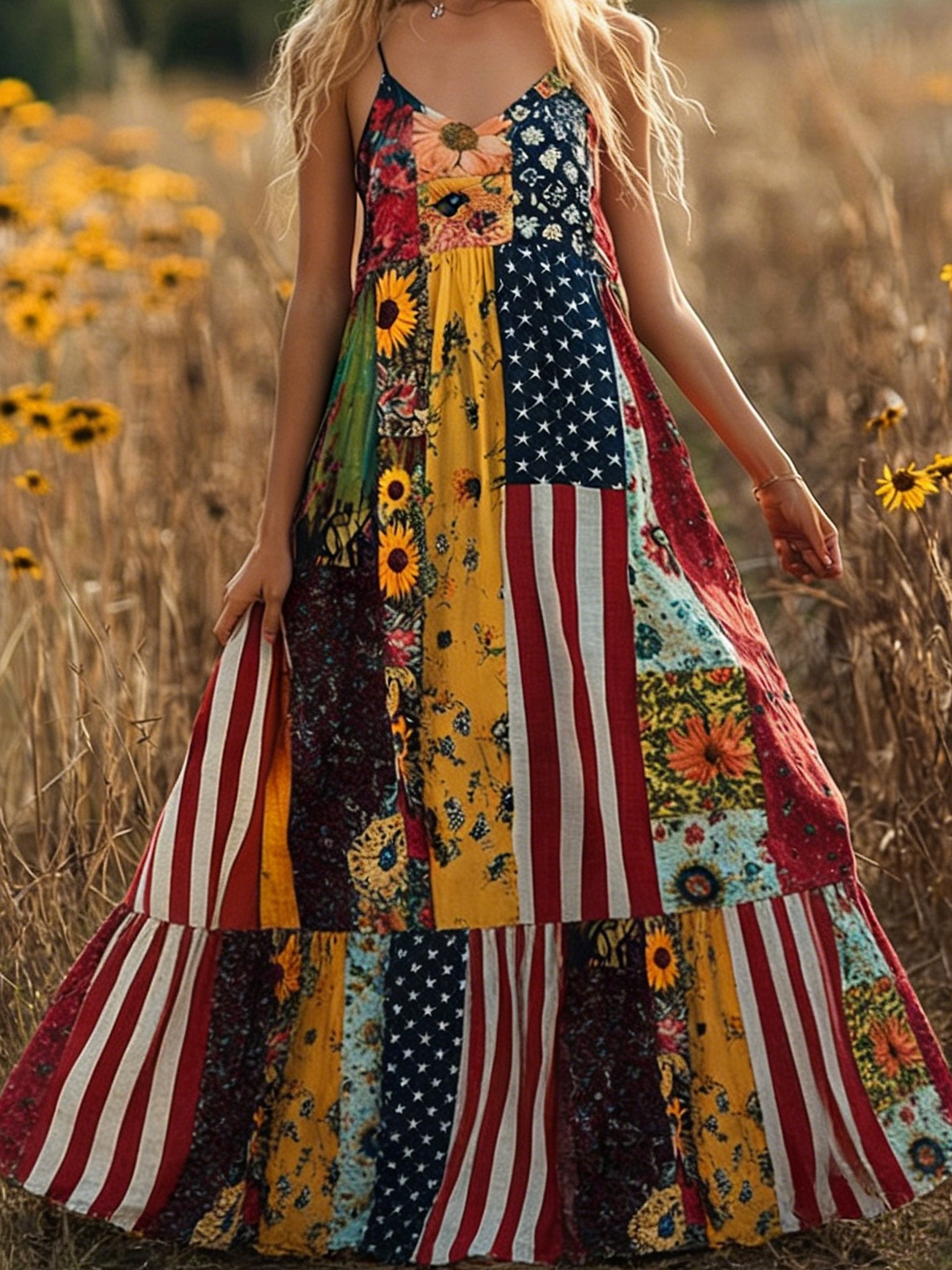 Women Floral Summer Dress America Flag Linen Look V Neck Sleeveless A-Line Dress