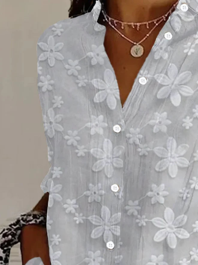 Women's Long Sleeve Shirt Spring/Fall White Floral Buckle Shirt Collar Daily Going Out Casual Top