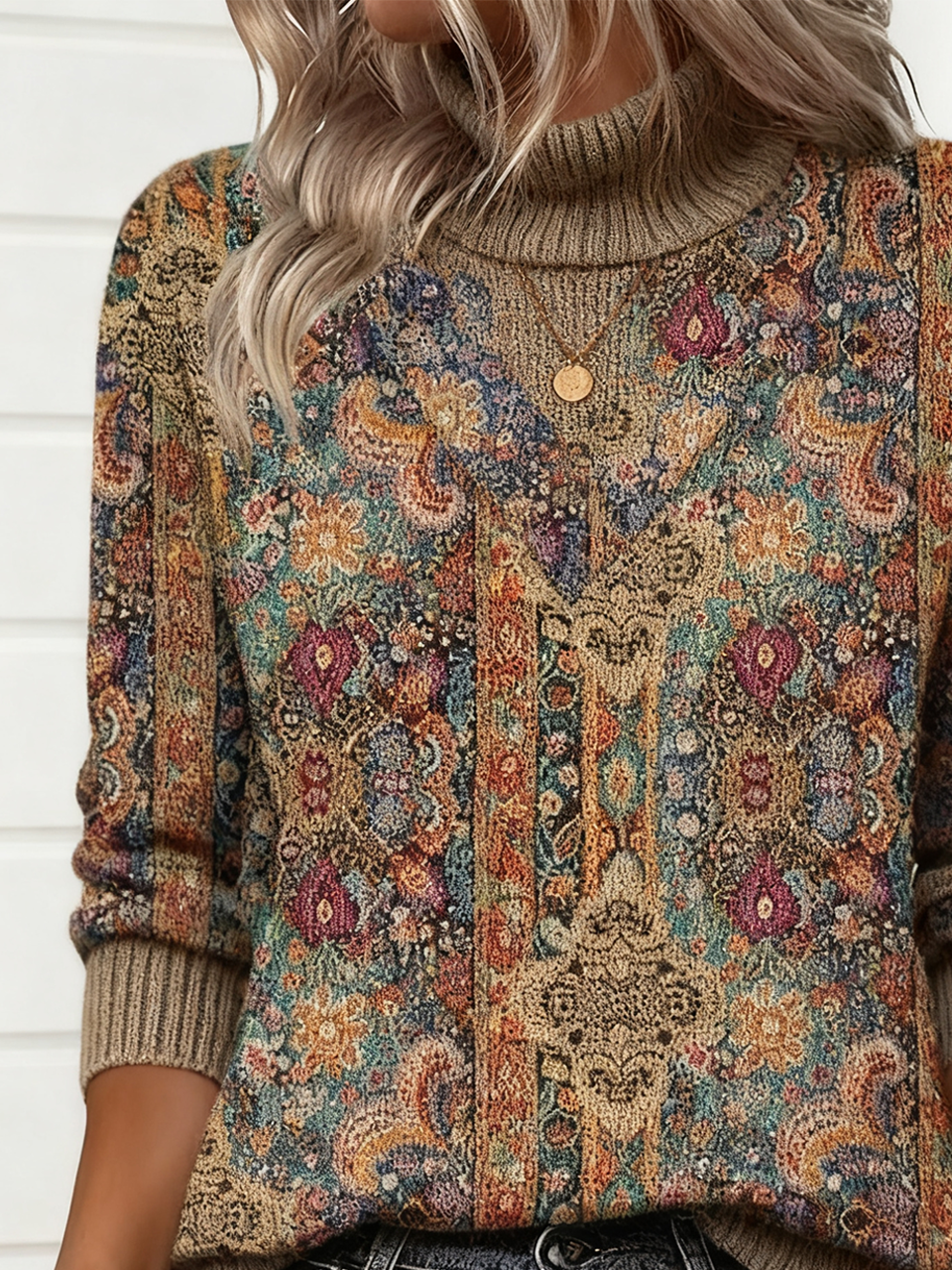 Vintage Geometric Turtleneck Loose Sweater