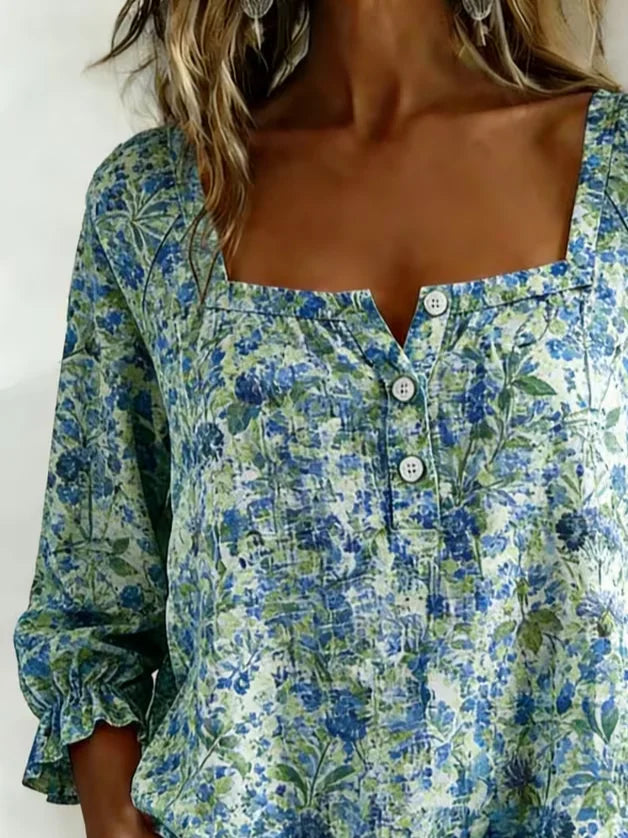 Women's Three Quarter Sleeve Blouse Spring/Fall Blue Floral Printing Square Neck Daily Going Out Vintage Top