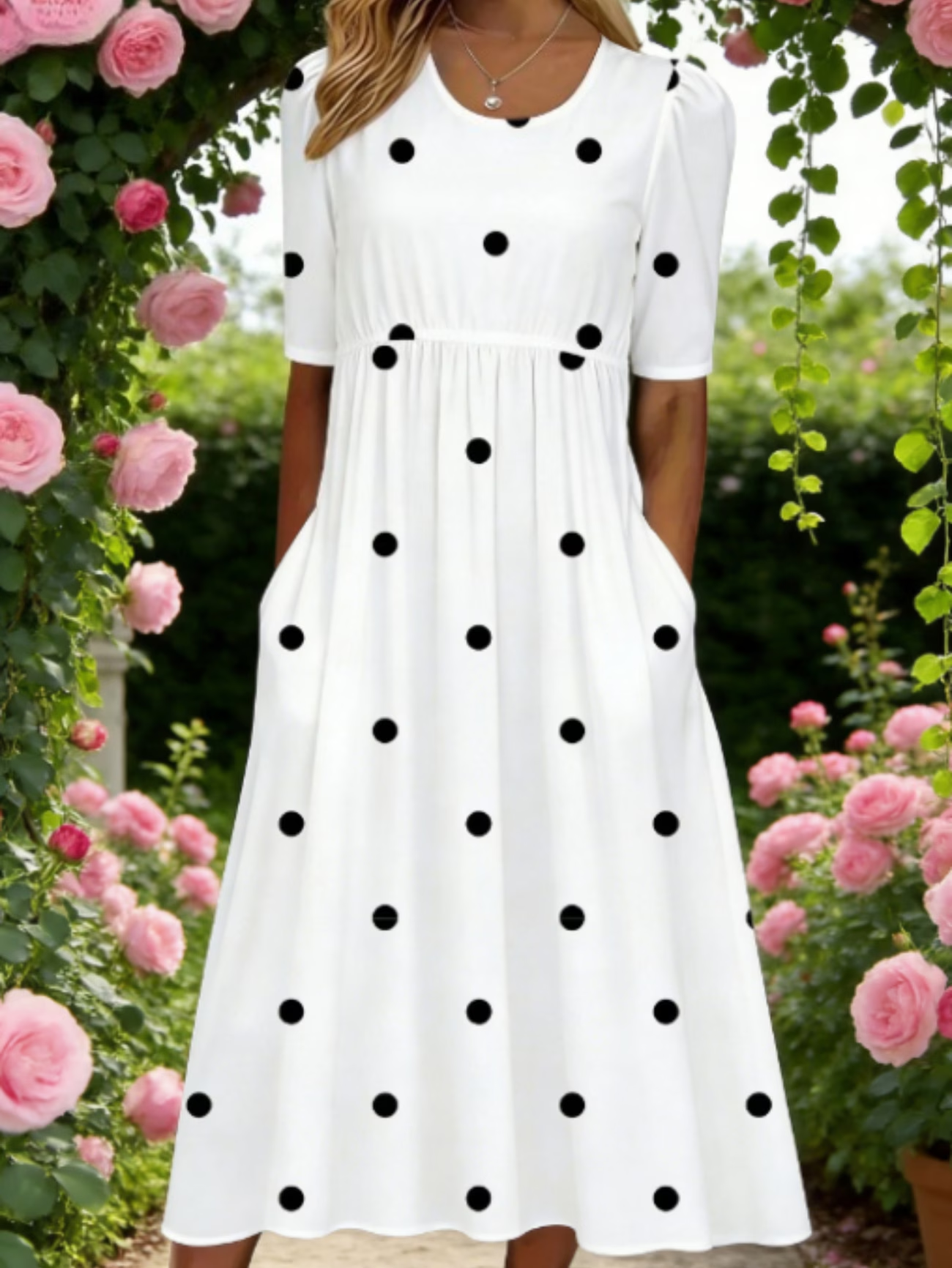 Women's Half Sleeve Summer White Polka Dots Printing Crew Neck Daily Going Out Casual Maxi H-Line Dress