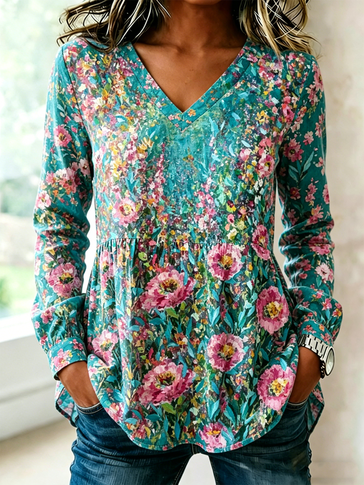 Floral V Neck Vintage Loose Shirt