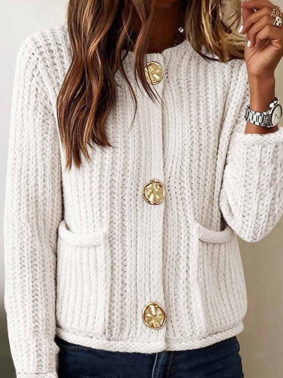 Loose Crew Neck Plain Vintage Cardigan