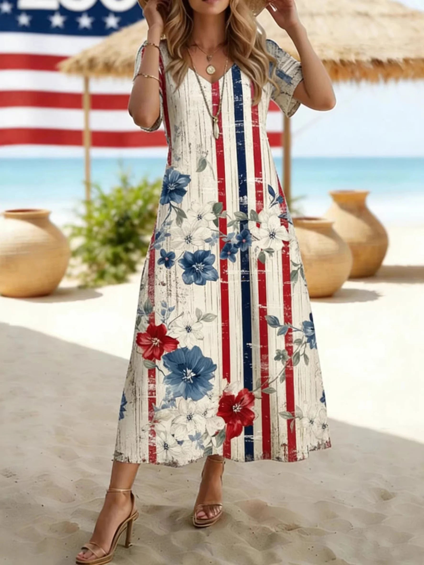 Women's Short Sleeve Summer As Picture Floral Printed Independence Day V Neck Short Sleeve Daily Going Out Casual Maxi A-Line T-Shirt Dress 250th Anniversary